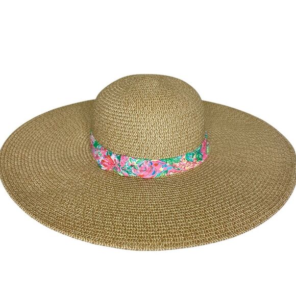 Lilly Pulitzer Sun Hat Wide Brim Floral Coquette Preppy Metallic Tan Pink Green - Picture 1 of 12
